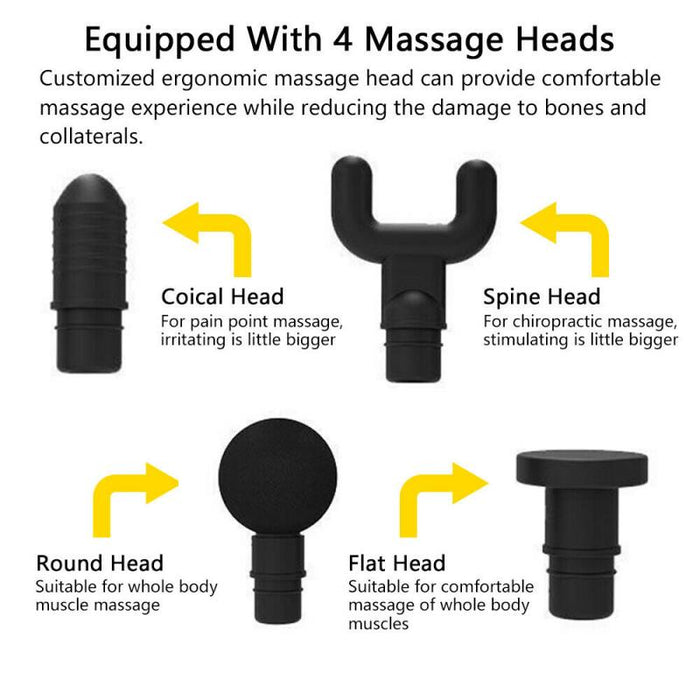Premium Handheld Massager with 30 Speeds and 6 Interchangeable Heads: black, white massage gun attachment heads, product info