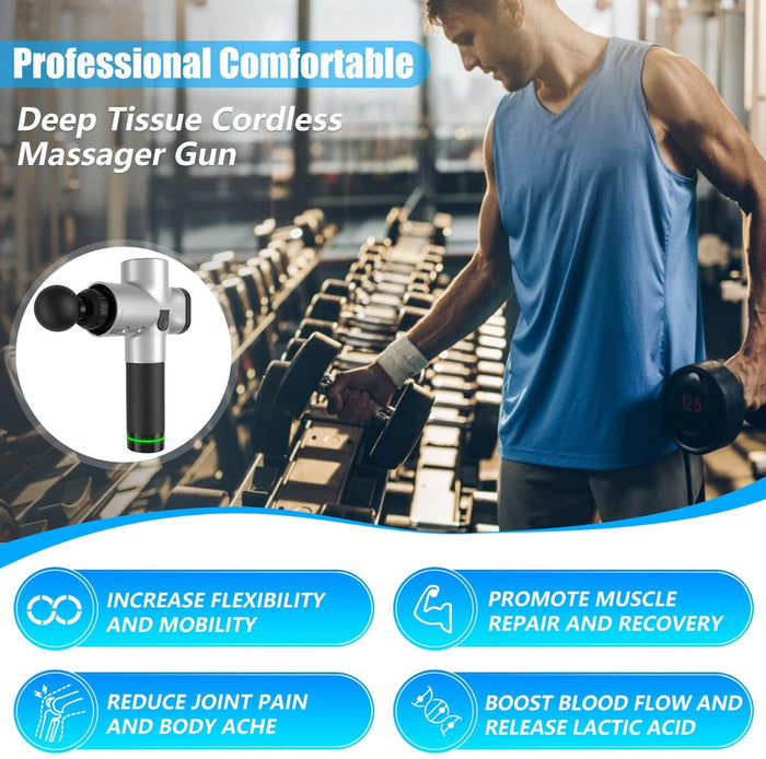 Premium Handheld Massager with 30 Speeds and 6 Interchangeable Heads: black, white massage gun attachment heads, product info
