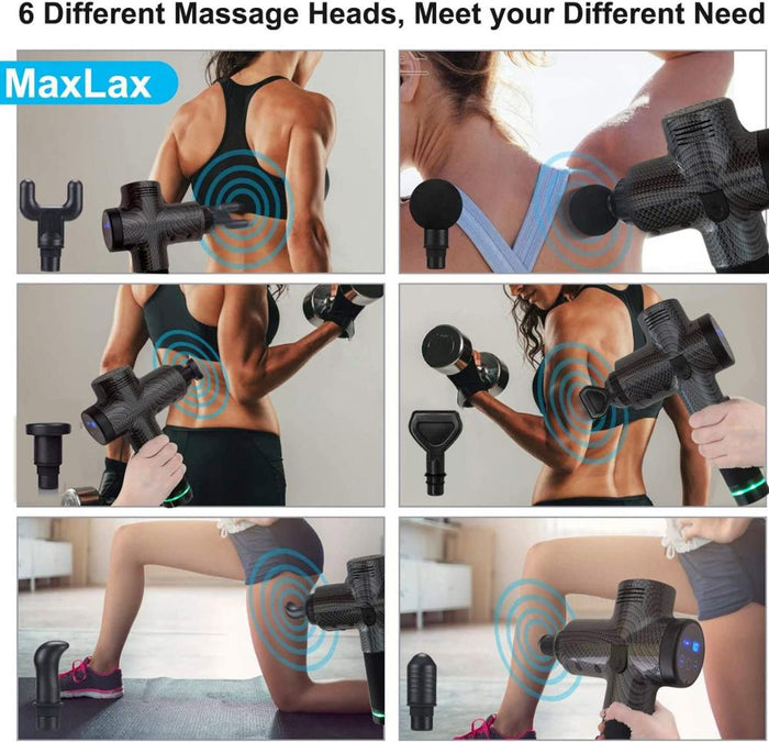 Premium Handheld Massager with 30 Speeds and 6 Interchangeable Heads: black, white massage gun attachment heads, product info