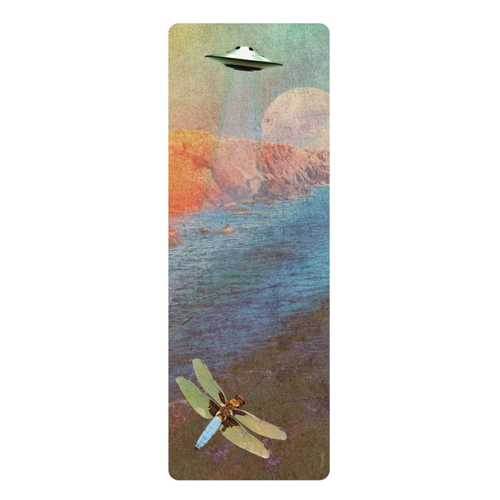 Proof of Retro Alien Encounters Yoga Mat: blue, teal UFO and dragonfly over a coastal landscape, retro surreal illustration s