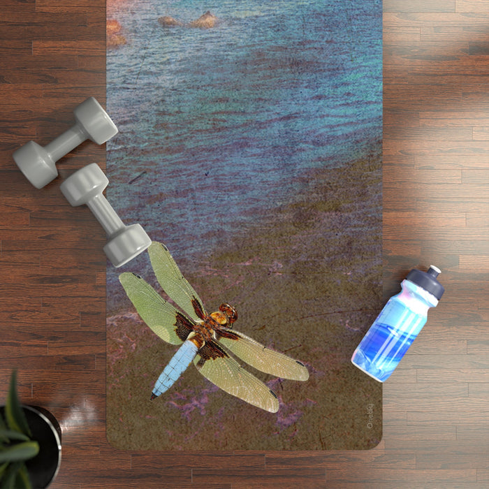 Proof of Retro Alien Encounters Yoga Mat: blue, teal UFO and dragonfly over a coastal landscape, retro surreal illustration s