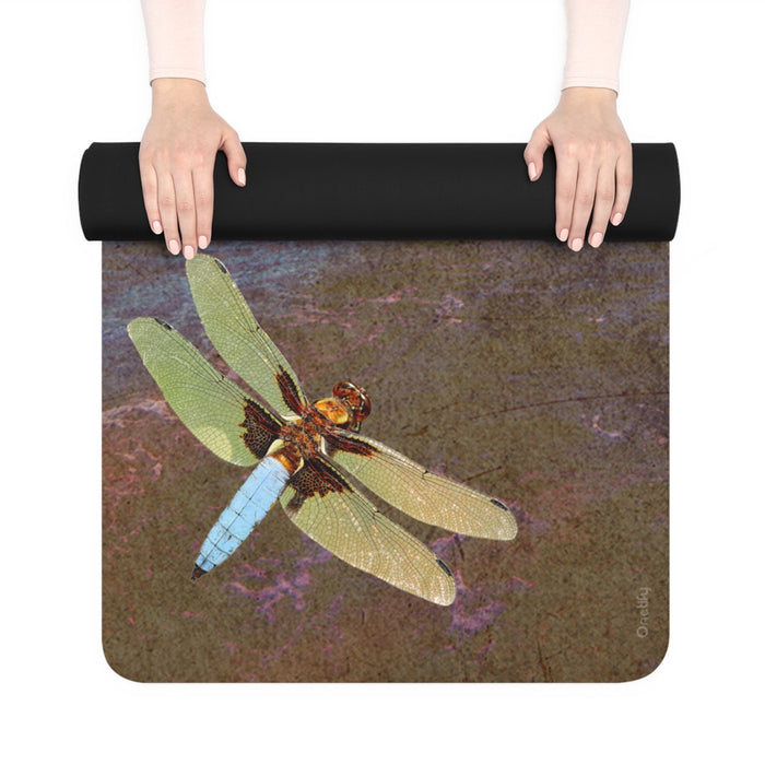 Proof of Retro Alien Encounters Yoga Mat: blue, teal UFO and dragonfly over a coastal landscape, retro surreal illustration s