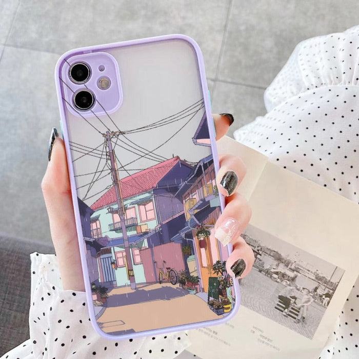 Protective Case for iPhone, Anime Cartoon Design: lavender, pink illustrated street scene with houses, utility poles, overhea