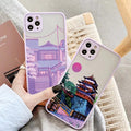 Protective Case for iPhone, Anime Cartoon Design: lavender, pink illustrated street scene with houses, utility poles, overhea