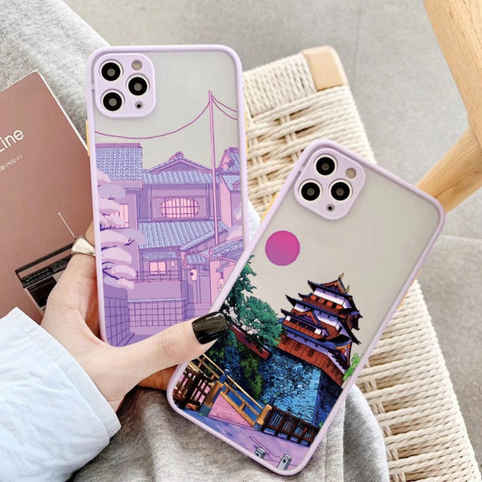 Protective Case for iPhone, Anime Cartoon Design: lavender, pink illustrated street scene with houses, utility poles, overhea