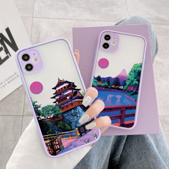 Protective Case for iPhone, Anime Cartoon Design: lavender, pink illustrated street scene with houses, utility poles, overhea