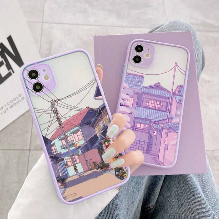 Protective Case for iPhone, Anime Cartoon Design: lavender, pink illustrated street scene with houses, utility poles, overhea