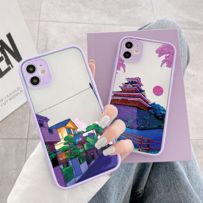 Protective Case for iPhone, Anime Cartoon Design: lavender, pink illustrated street scene with houses, utility poles, overhea