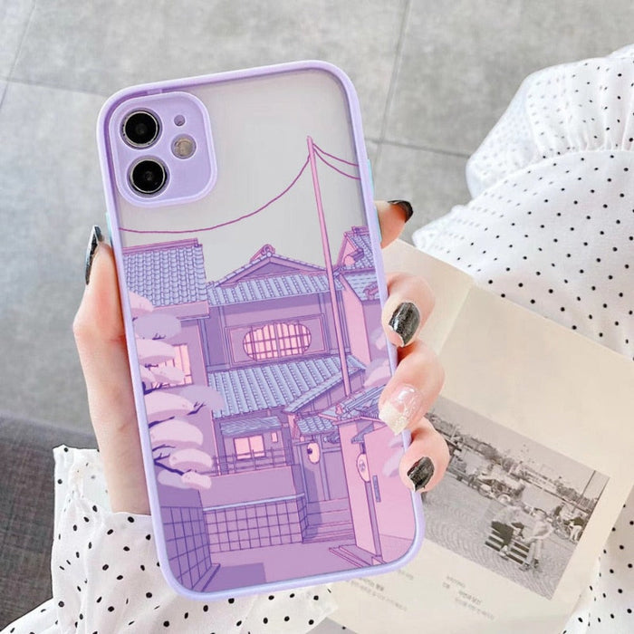 Protective Case for iPhone, Anime Cartoon Design: lavender, pink illustrated street scene with houses, utility poles, overhea