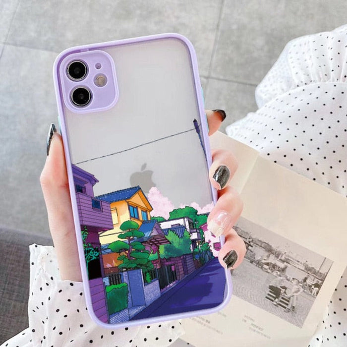 Protective Case for iPhone, Anime Cartoon Design: lavender, pink illustrated street scene with houses, utility poles, overhea
