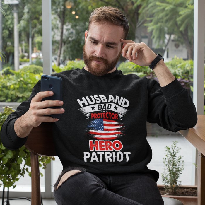 Protector Crewneck Sweatshirt, Ideal for Husbands and Dads: black, white patriotic husband/dad theme, casual graphic style