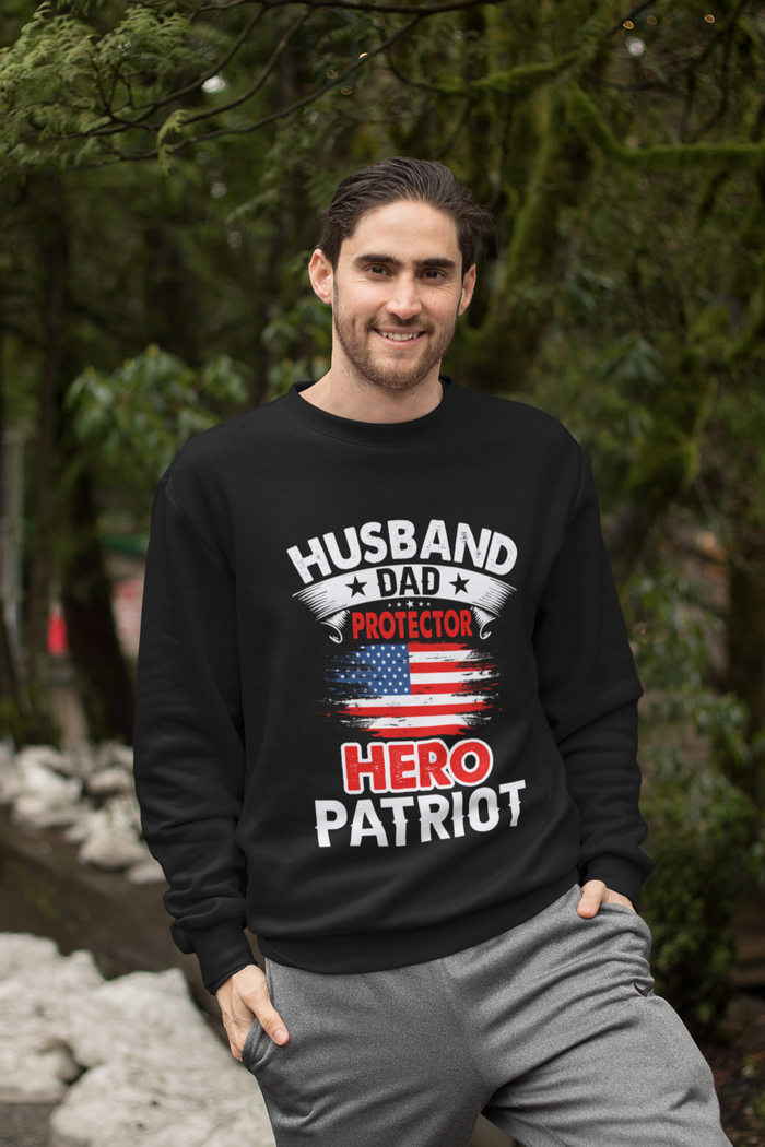 Protector Crewneck Sweatshirt, Ideal for Husbands and Dads: black, white patriotic husband/dad theme, casual graphic style