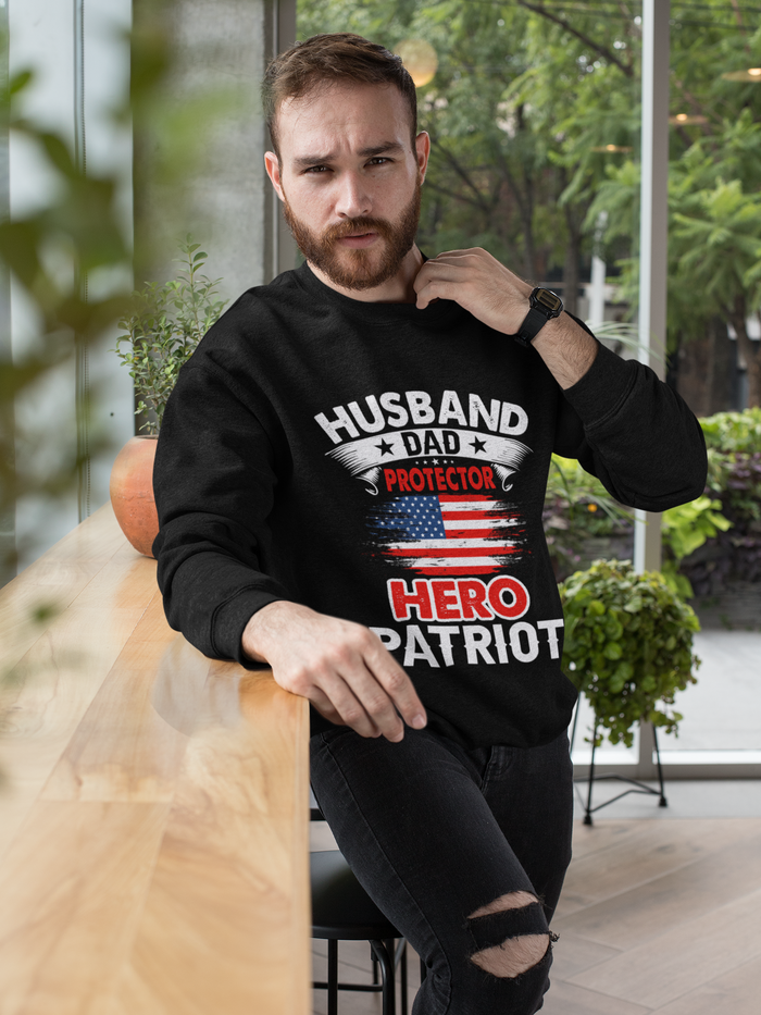 Protector Crewneck Sweatshirt, Ideal for Husbands and Dads: black, white patriotic husband/dad theme, casual graphic style