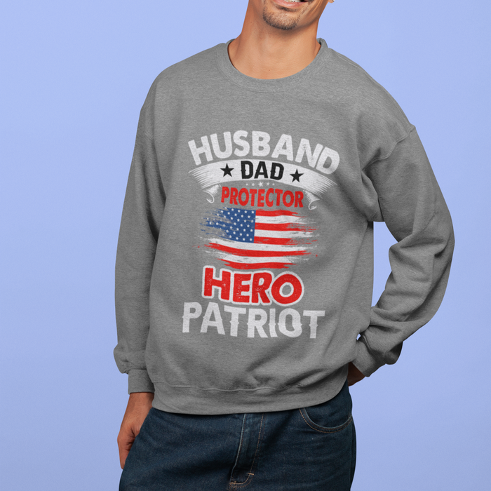 Protector Crewneck Sweatshirt, Ideal for Husbands and Dads: black, white patriotic husband/dad theme, casual graphic style