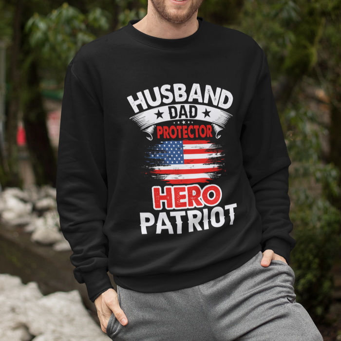 Protector Crewneck Sweatshirt, Ideal for Husbands and Dads: black, white patriotic husband/dad theme, casual graphic style