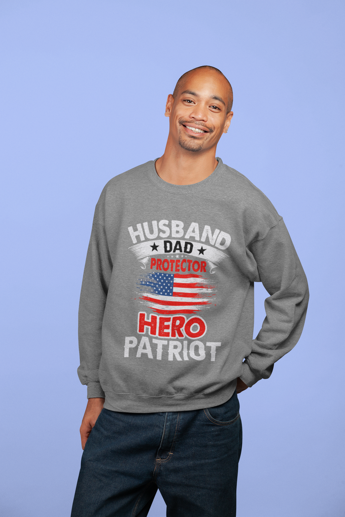 Protector Crewneck Sweatshirt, Ideal for Husbands and Dads: black, white patriotic husband/dad theme, casual graphic style