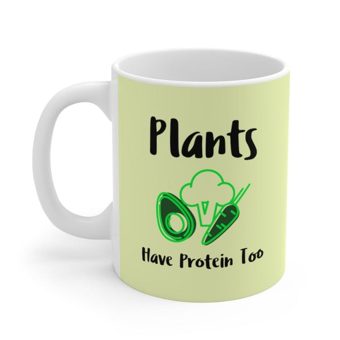 Protein-Filled Mug for Plant Lovers: pale yellow-green, white plant-based food theme, cartoon typography graphic style