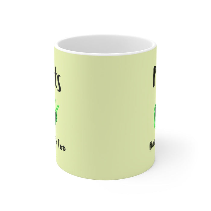 Protein-Filled Mug for Plant Lovers: pale yellow-green, white plant-based food theme, cartoon typography graphic style