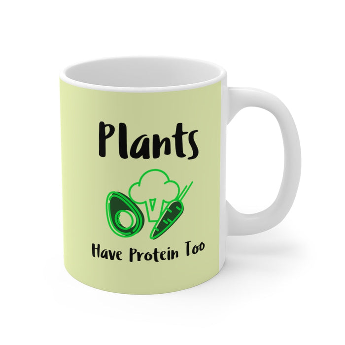 Protein-Filled Mug for Plant Lovers: pale yellow-green, white plant-based food theme, cartoon typography graphic style