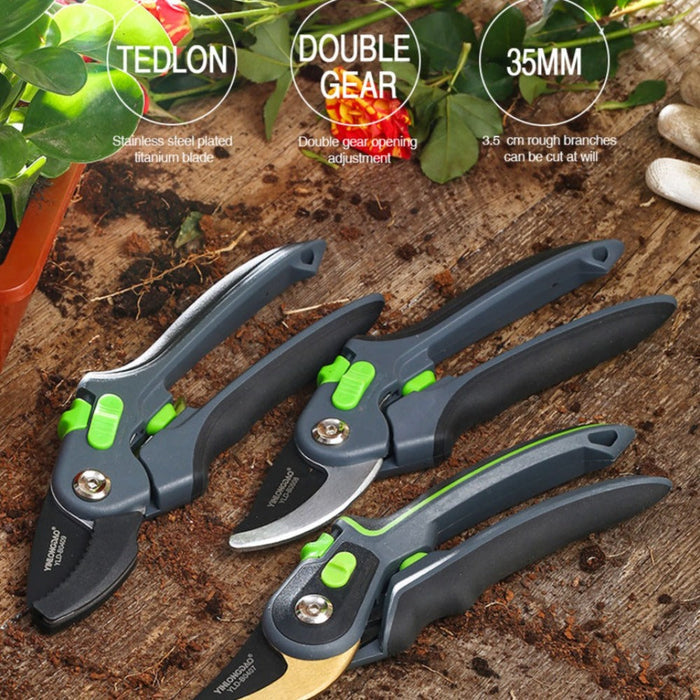 Pruning Shears Scissors for Efficient Gardening: black, dark gray hand tool close-up, product detail close-up style