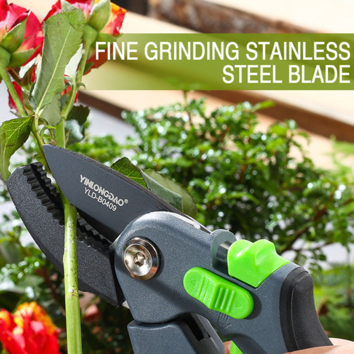 Pruning Shears Scissors for Efficient Gardening: black, dark gray hand tool close-up, product detail close-up style