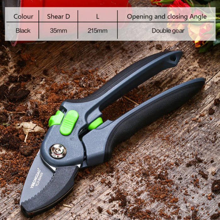 Pruning Shears Scissors for Efficient Gardening: black, dark gray hand tool close-up, product detail close-up style