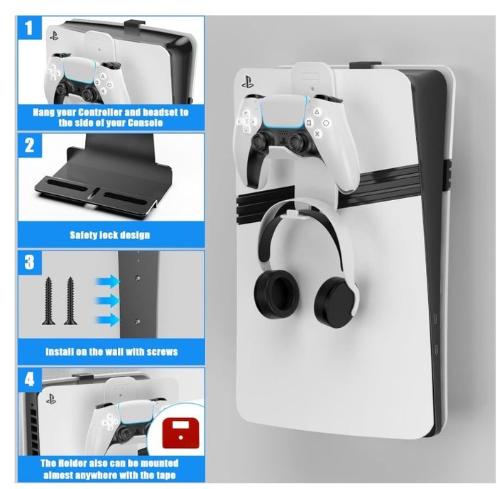 PS5 Wall Mount Bracket Steel Controller Holder Headphone Hook Black-180