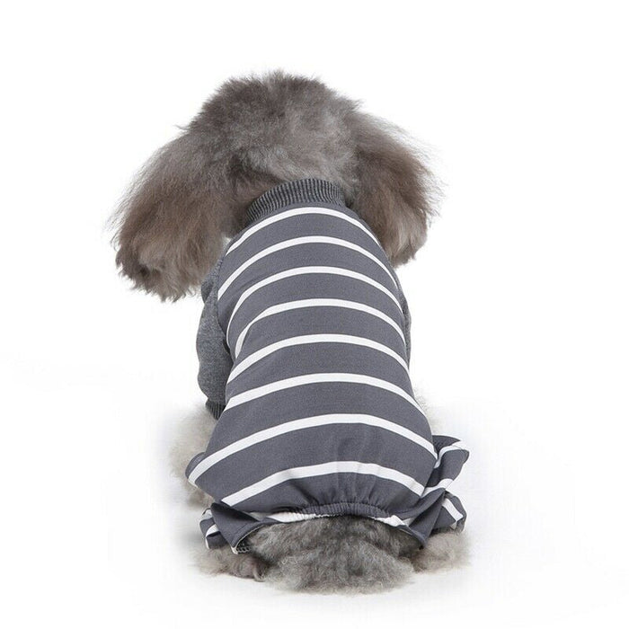 Puppy Pajama Jumpsuit with Striped Design: dark gray, white dog jumpsuit/onesie, casual striped style