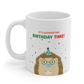 Quarantine Birthday Celebration Mug: white, brown cartoon hedgehog wearing a party hat, cartoon kawaii style