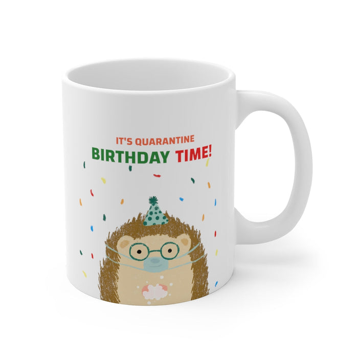 Quarantine Birthday Celebration Mug: white, brown cartoon hedgehog wearing a party hat, cartoon kawaii style