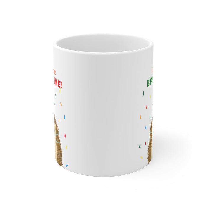 Quarantine Birthday Celebration Mug: white, brown cartoon hedgehog wearing a party hat, cartoon kawaii style