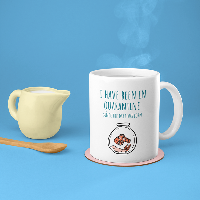 Quarantine Since Birth Mug: white, teal quarantine-themed cartoon baby in a jar, minimal cartoon style