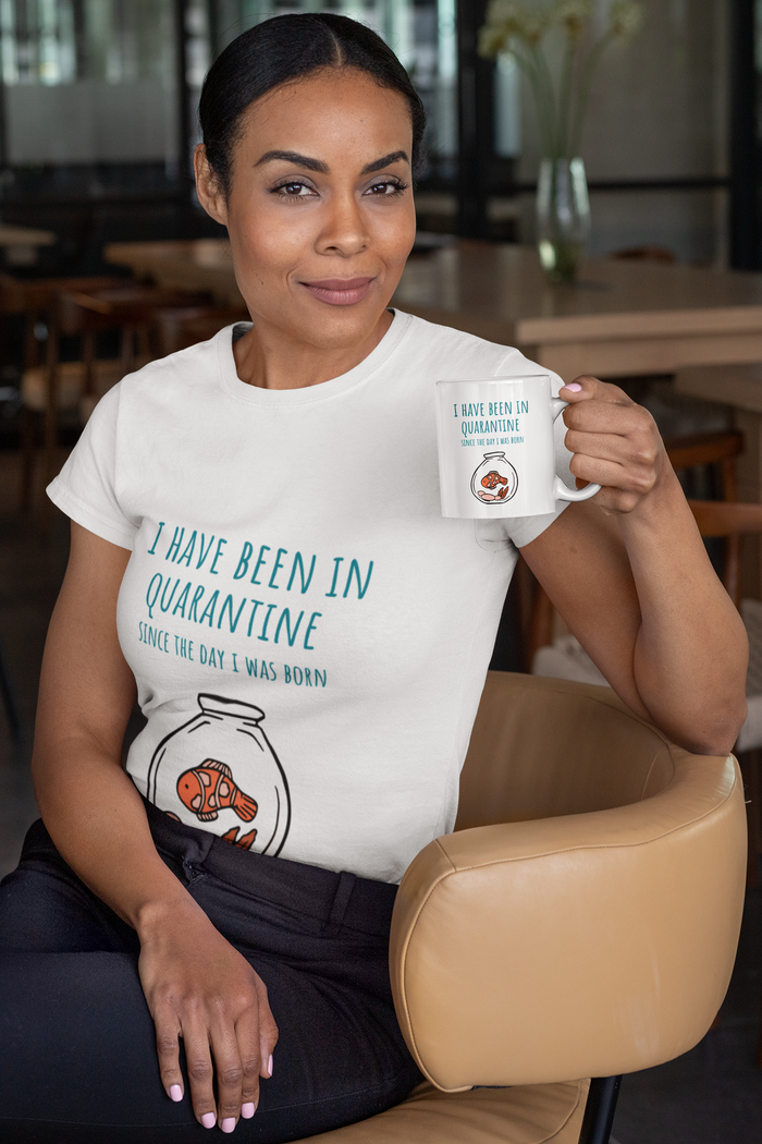 Quarantine Since Birth Mug: white, teal quarantine-themed cartoon baby in a jar, minimal cartoon style