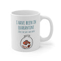 Quarantine Since Birth Mug: white, teal quarantine-themed cartoon baby in a jar, minimal cartoon style