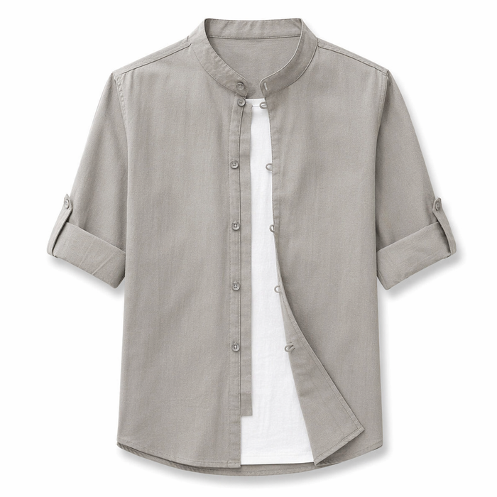 Quarter Sleeve Men's Shirt with Stand Collar: A Clear Definition of Style Gray