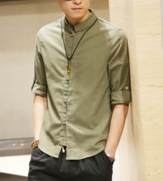 Quarter Sleeve Men's Shirt with Stand Collar: A Clear Definition of Style: olive green button-up shirt, minimal casual style