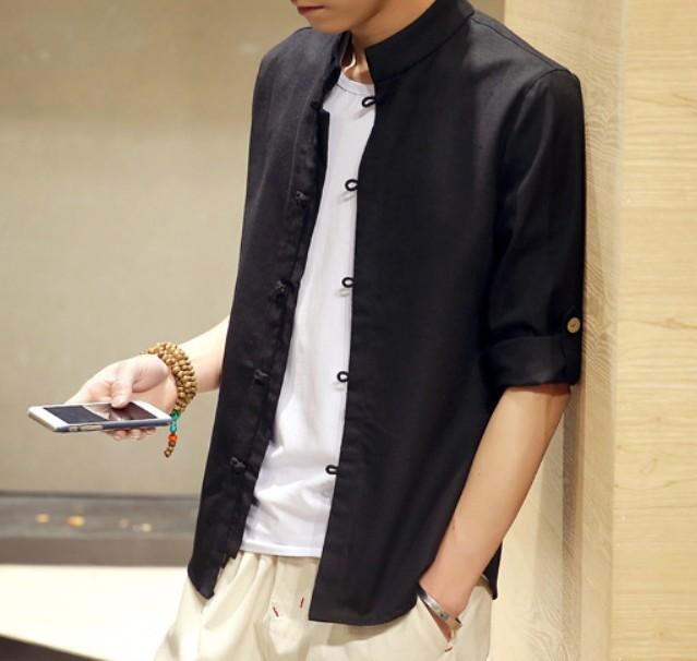 Quarter Sleeve Men's Shirt with Stand Collar: A Clear Definition of Style: olive green button-up shirt, minimal casual style