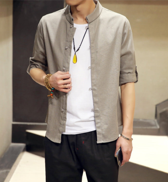 Quarter Sleeve Men's Shirt with Stand Collar: A Clear Definition of Style: olive green button-up shirt, minimal casual style