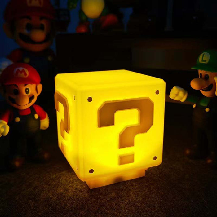 Question Mark LED Light with Sound: bright yellow, orange-yellow Super Mario question block, cartoon/video game themed style