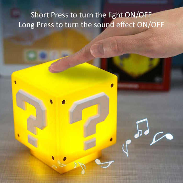Question Mark LED Light with Sound: bright yellow, orange-yellow Super Mario question block, cartoon/video game themed style