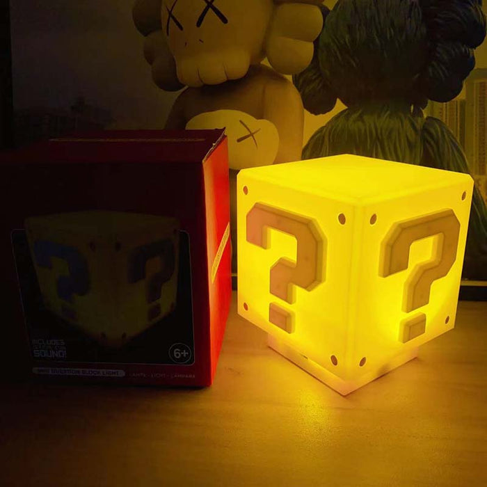 Question Mark LED Light with Sound: bright yellow, orange-yellow Super Mario question block, cartoon/video game themed style