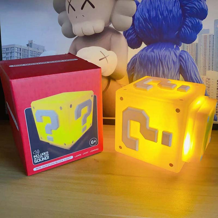 Question Mark LED Light with Sound: bright yellow, orange-yellow Super Mario question block, cartoon/video game themed style
