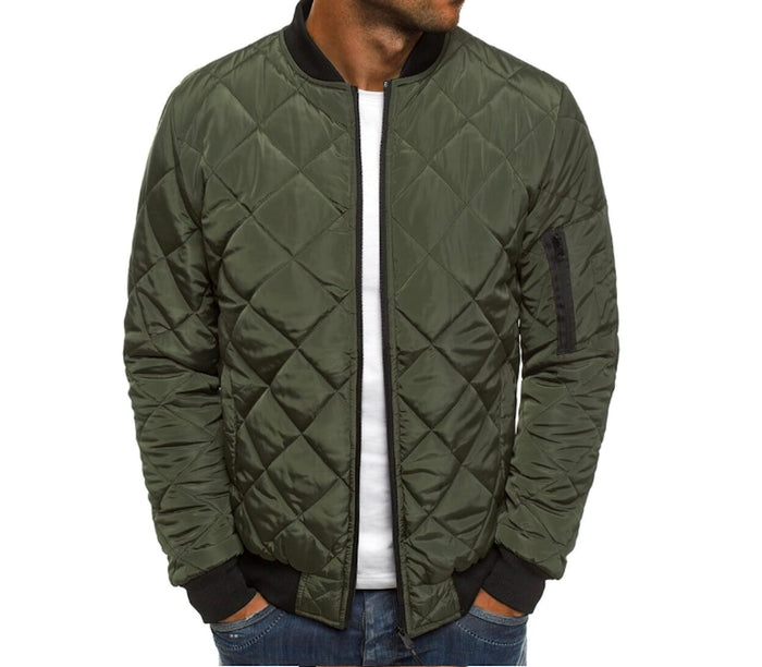 Quilted Jacket for Men: olive green, black quilted bomber jacket, minimal casual style