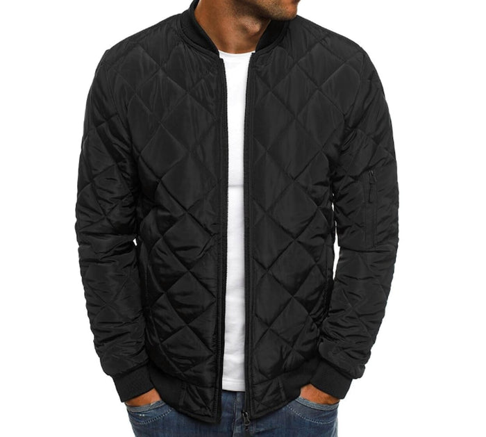 Quilted Jacket for Men: olive green, black quilted bomber jacket, minimal casual style