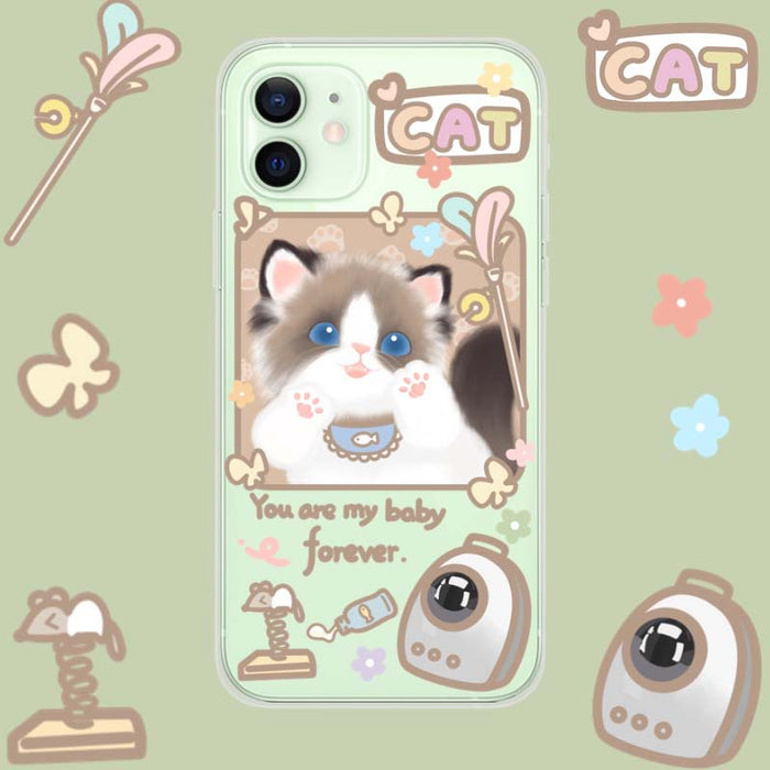 Ragdoll Cat Transparent Phone Case: clear, white cat, kawaii cartoon style