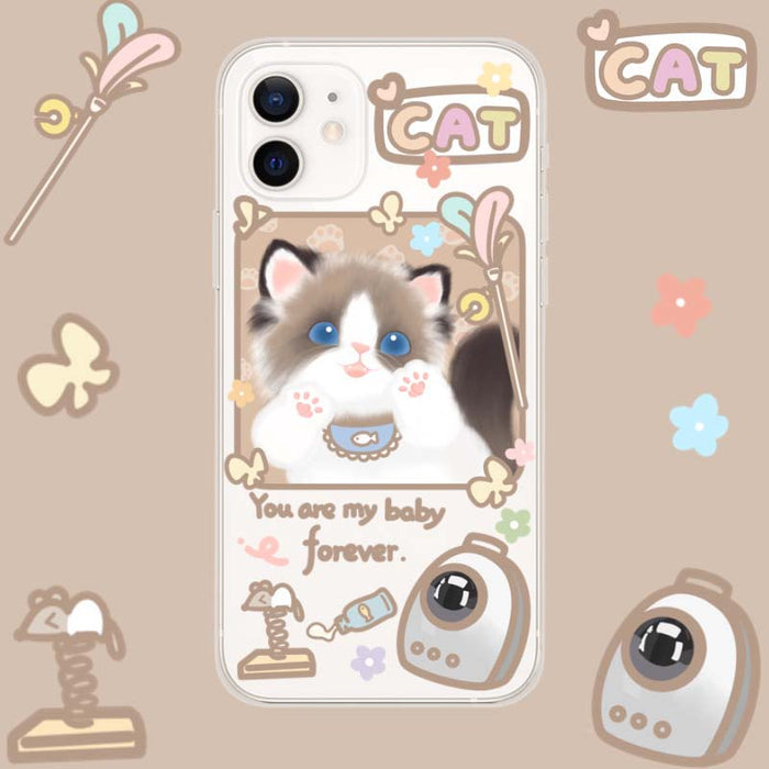 Ragdoll Cat Transparent Phone Case: clear, white cat, kawaii cartoon style