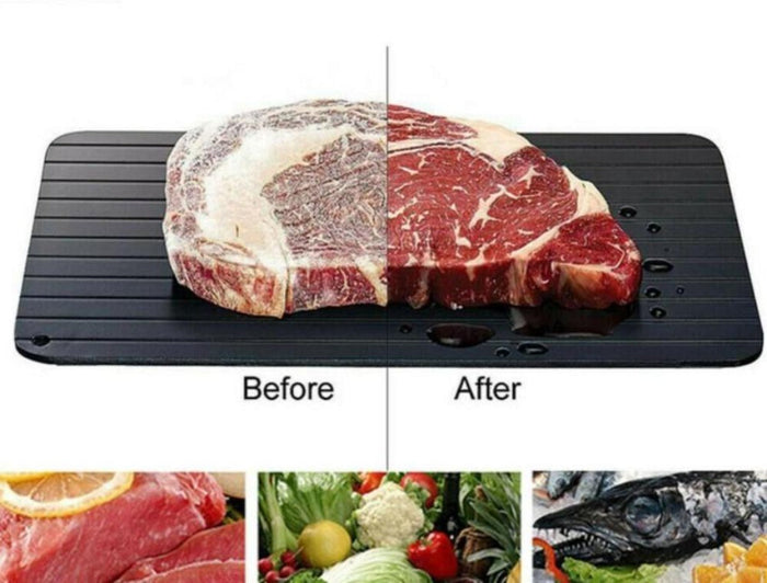 Rapid Thawing Tray for Meat and Seafood: red, white raw steak/meat, product advertisement style