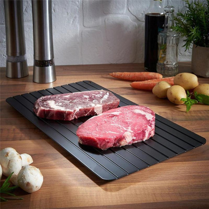 Rapid Thawing Tray for Meat and Seafood: red, white raw steak/meat, product advertisement style