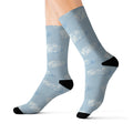 Realistic Cloud Walking Fun Socks: light blue, white white animal-like silhouettes, minimal patterned style