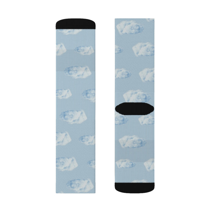Realistic Cloud Walking Fun Socks: light blue, white white animal-like silhouettes, minimal patterned style
